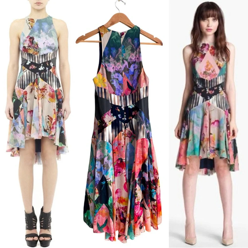 Artelier Nicole Miller Silk Patchwork Floral Boho Fairy Y2K Dress Prairie Artsy